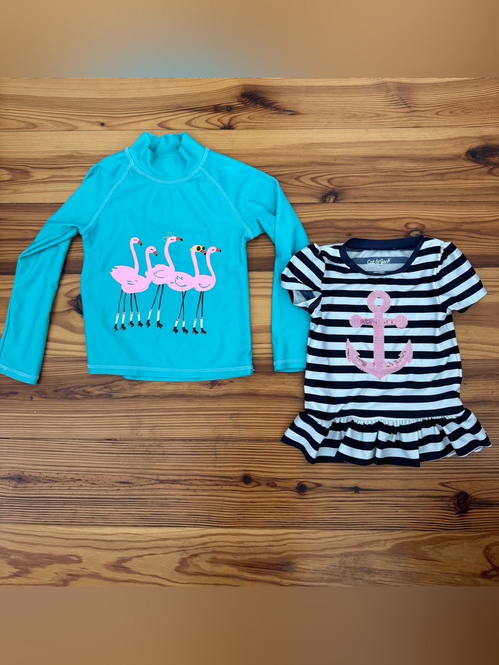 Carters Longsleeve Teal Rashguard Pink Flamingos & Navy Stripe Sequin Anchor 3T